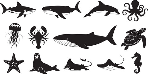 Sea Animals Silhouette Set  Marine Life Vector Illustration