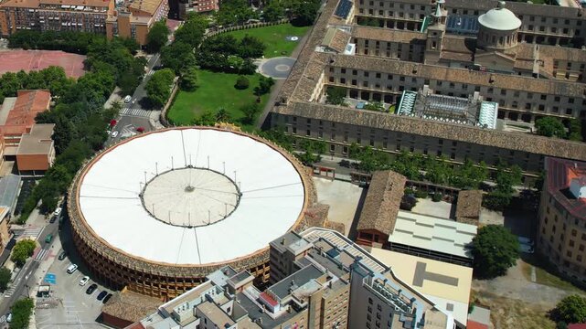 An Aerial panoramic view of the old town of the city  Saragossa on a sunny summer noon in Spain.