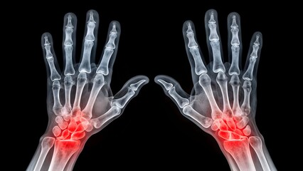 Medical X-ray of two human hands with glowing red joints highlighting arthritis, pain, and inflammation. A stark grayscale skeletal illustration isolated on a black background for clinical use.