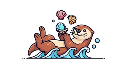 Obraz premium A cartoon otter floats in the water, juggling seashells. Bubbles and waves are present, creating a whimsical scene