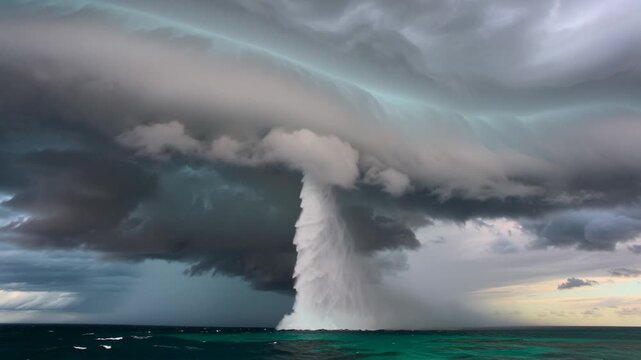 A powerful waterspout forms under a dramatic, dark storm cloud formation over a turquoise ocean, with rain falling in the distance, symbolizing the raw power and unpredictable force of nature.