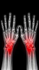 Obraz premium Medical X-ray of two human hands with glowing red joints highlighting arthritis, pain, and inflammation. A stark grayscale skeletal illustration isolated on a black background for clinical use.