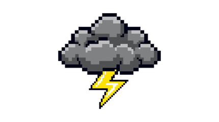 Obraz premium Pixel art storm cloud with lightning bolt icon.