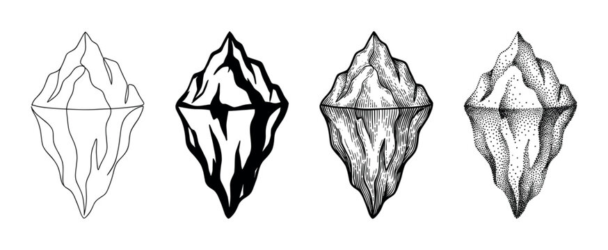 Four different stylized icebergs with visible and submerged parts depicted in various artistic illustration styles.