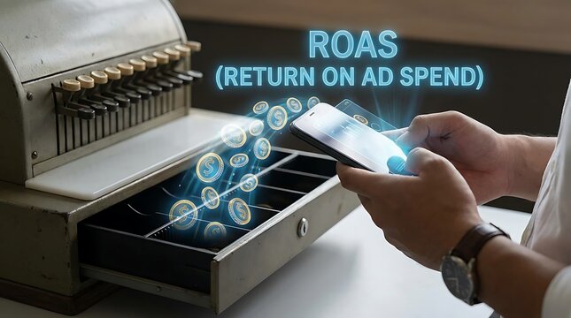 Return on Ad Spend ROAS Concept with Cash Register and Smartphone.