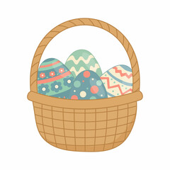 Easter Basket with Decorated Colorful Eggs and Woven Texture