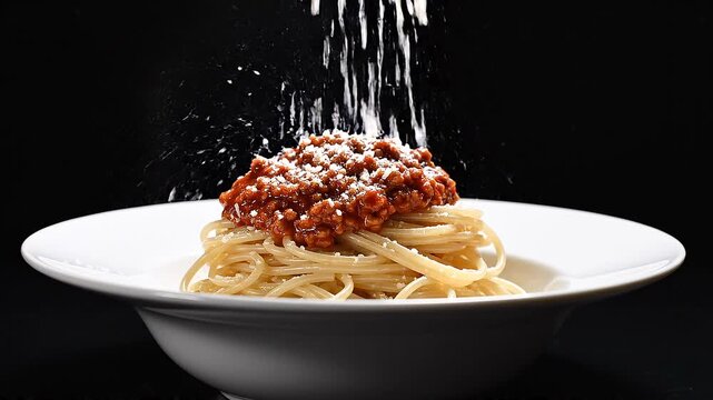 Close-up of spaghetti bolognese being topped with grated cheese on a white plate against a dark background