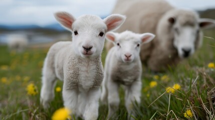Obraz premium Baby animal season concept with newborn lambs exploring a spring meadow beside protective mother sheep, perfect for April nature season, baby animal spring, farm life, seasonal wildlife, modern