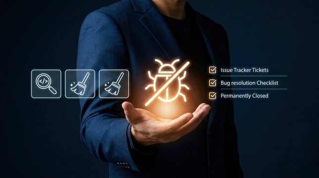 software bug, debugging, programmer, quality assurance, coding, it support, technology concept showing a man in suit managing issue tracker tickets and fixing software errors.