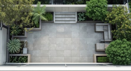 Fototapeta premium Contemporary terrace garden viewed from aerial angle with copy space