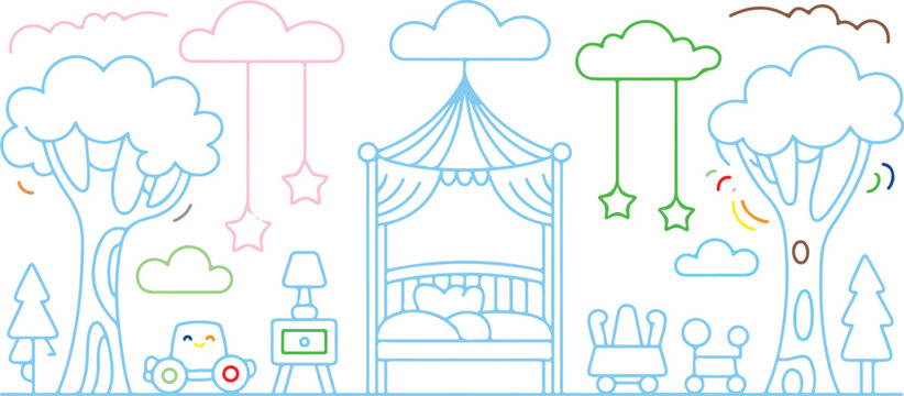 Colorful illustration of a childs bedroom with toys and furniture in a whimsical setting with trees and clouds