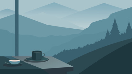 Fototapeta premium Minimalist illustration of coffee cup on table overlooking misty mountain valley landscape at sunrise calm travel mood