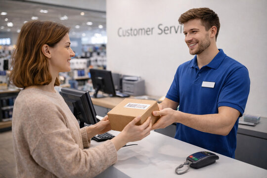 Customer receiving parcel at service desk in store, retail pickup and customer service concept.