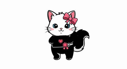 Fototapeta premium Adorable cartoon cat with skunk markings, wearing a pink bow and heart