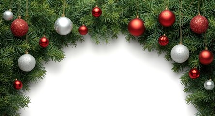 Fototapeta premium Christmas wide arch border featuring lush fir branches and bright red silver baubles on white background