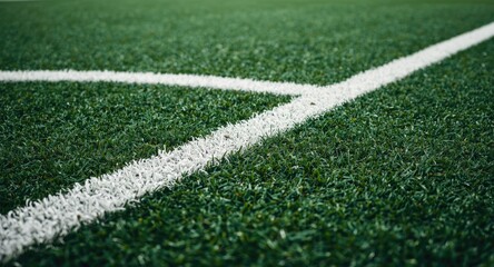 Close-up of artificial soccer ground with visible white painted line on green turf