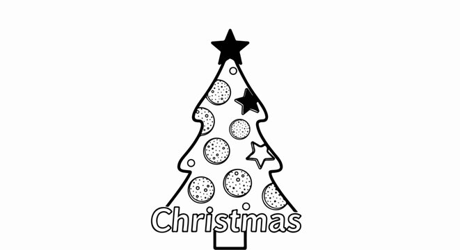 Stylized black and white Christmas tree with ornaments and a star