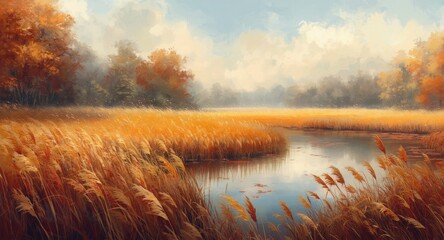 Naklejka premium Artwork portraying an autumn field with gentle wind moving tall grass and a reflective lake