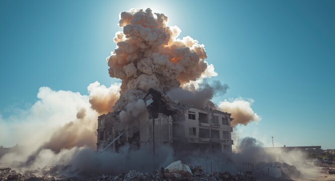 Powerful scene of a building implosion with smoke billowing during controlled demolition