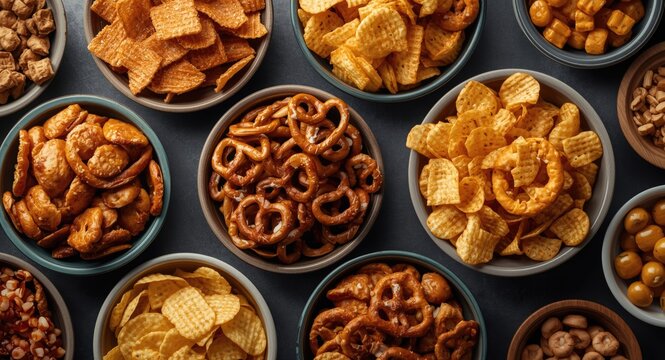 Bowls of assorted snack foods with crispy chips and traditional pretzels