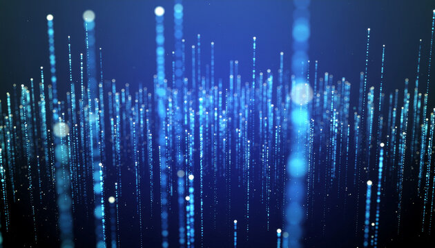 Abstract blue digital background with glowing vertical light particles and bokeh effects, representing data flow or technological advancement.