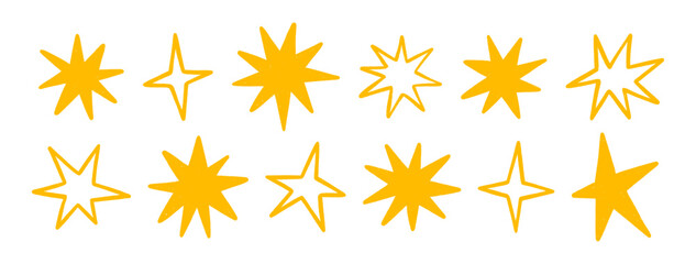 Stars, crayon hand drawn twinkle magic symbols. Shine, spark or light chalk elements. Line art sketch and silhouettes sparkle icons on transparent bg. Doodle gold glitter sparks, vector illustration © Vodoleyka