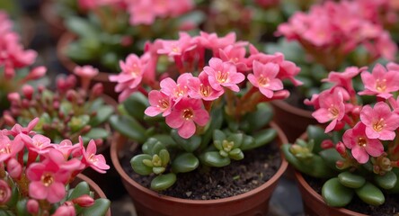 Naklejka premium Bright delicate pink kalanchoe succulents flowering in compact pots