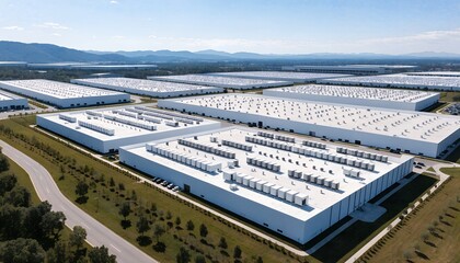 Fototapeta premium Aerial view of massive data center campus with white warehouse buildings, HVAC units on rooftops, green landscaping, roads, mountains under blue sky. Modern cloud infrastructure facility.