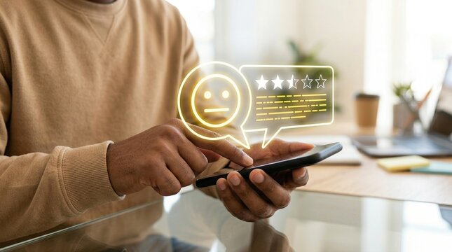 Neutral rating, customer feedback, three stars, online review, smartphone, business satisfaction, user experience of a man submitting a mediocre evaluation on a mobile app interface.