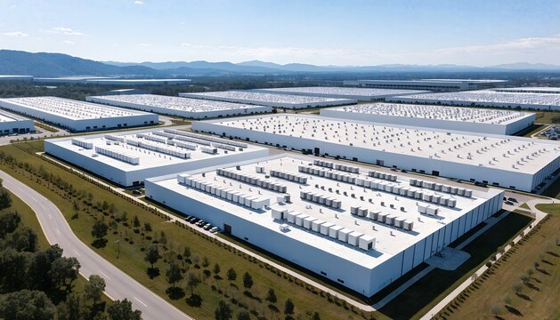 Aerial view of massive data center campus with white warehouse buildings, HVAC units on rooftops, green landscaping, roads, mountains under blue sky. Modern cloud infrastructure facility.