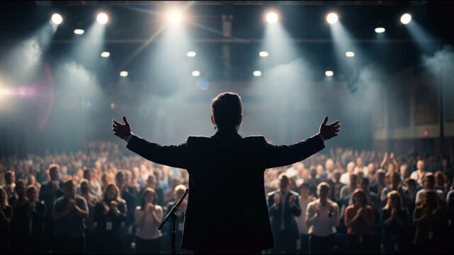 Silhouette of Speaker with Arms Open Facing Large Audience