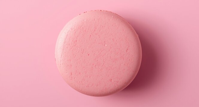 Close overhead view of pink French macaron showcasing surface details for bakery background