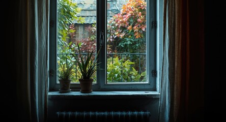Fototapeta premium Apartment interior scene highlighting a vibrant window garden with foliage