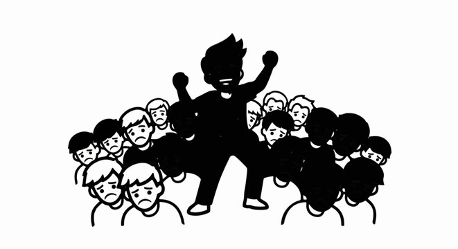 Joyful figure dominates a sad, monochrome crowd, contrast