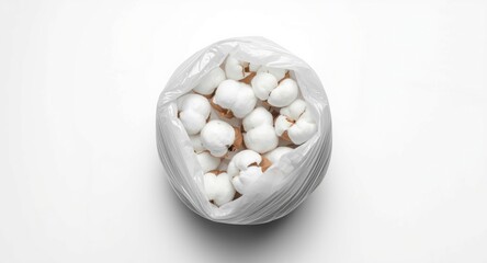 Aerial perspective of cotton sheets folded inside a sealed white plastic bag resting on white background
