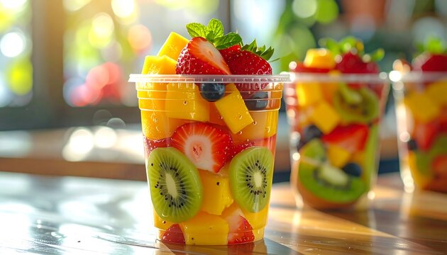 Bright, colorful fruit salad in plastic cups, including kiwi, mango, strawberry, blueberries, and mint, blurred background