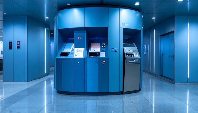 Blue-toned interior featuring a bank of automated machines and adjacent wall panels in a clean, modern space