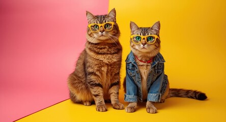 Cats dressed in yellow glasses and denim jackets positioned on a colorful pink and yellow background with copy space