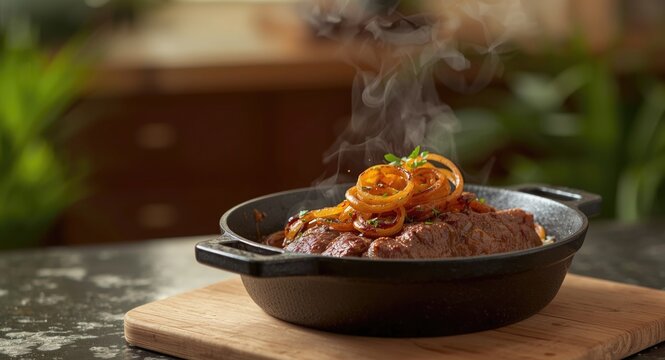 Cast iron casserole with traditional Filipino dry aged Angus Bistek Tagalog steak and soy sauce onion rings top
