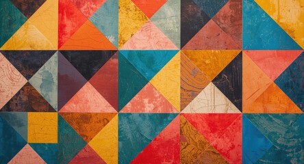 Fototapeta premium Contemporary abstract display of multicolored triangles and squares with bold palette and risograph texture