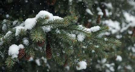 Fototapeta premium Christmas tree limbs covered in snow with pine cones during outdoor snowfall