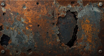 Damaged rusty metal plate showing corrosion hole and texture of industrial aging