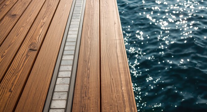 Close up of ipe hardwood wooden deck with decorative tiled planks near water