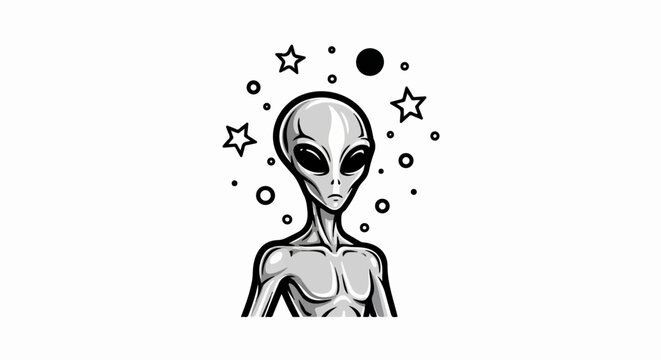 Stylized alien portrait surrounded by celestial objects and cosmic elements