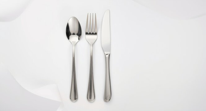 Bright white smooth background featuring isolated fork knife spoon set viewed from top with copy space