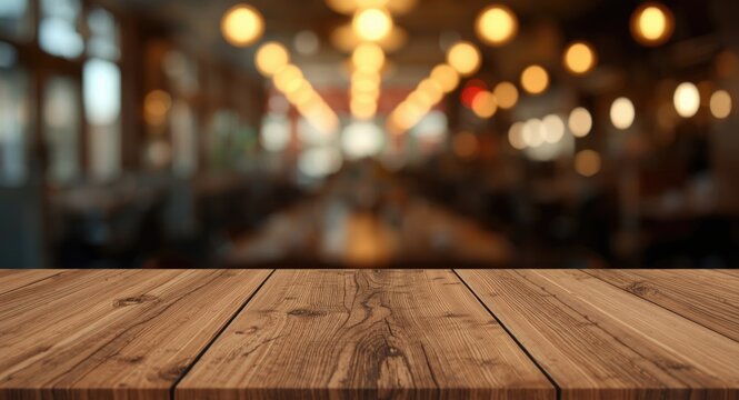 Empty brown wood table with glowing bokeh restaurant background and copy space