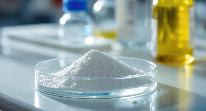 Crystal powder inside petri dish with sodium carbonate bottle shown in bright laboratory setting