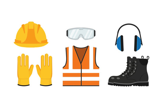 vector illustration of a set of industrial worker safety equipment featuring hard hat, safety goggles, ear protection, reflective vest, gloves, and steel toe boots