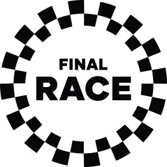 A black and white checkered racing flag icon in a 3d circle shape, featuring a vector illustration design for business action or cinema movie symbols isolated on a white background patter
