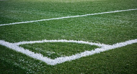 Fototapeta premium Early spring scene with synthetic turf soccer field showing patches of green under light snow
